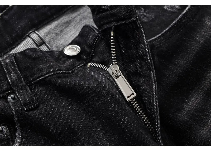 Men's Slim-Fit Distressed Black Grey Denim Jeans