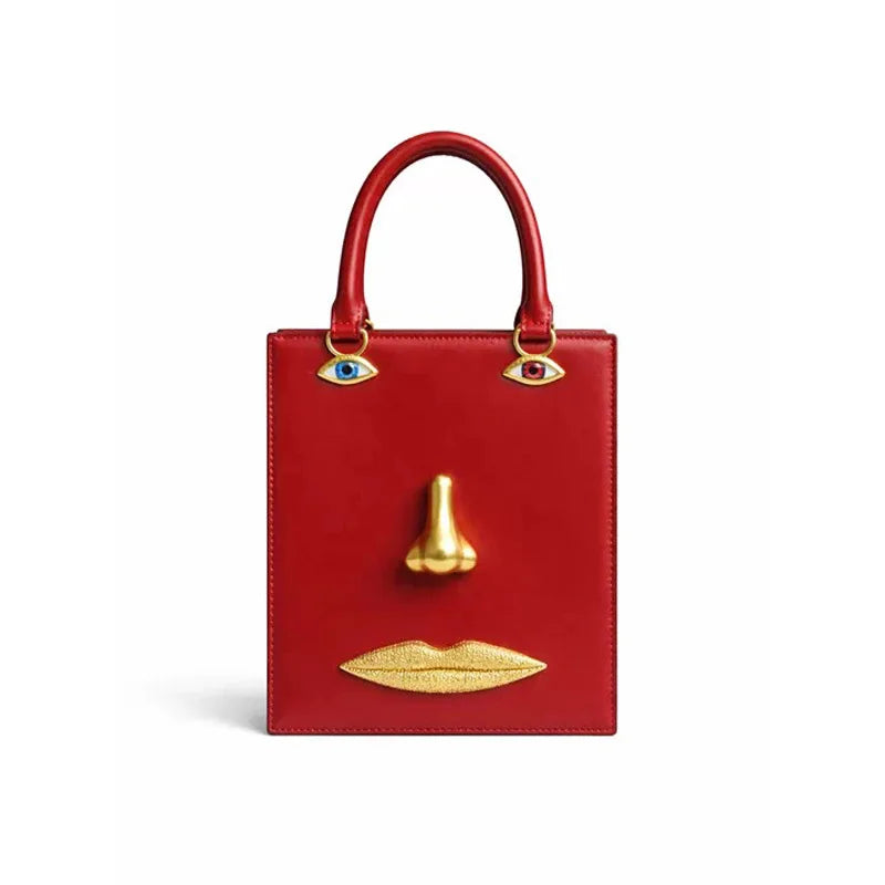 Face Bag Women High Quality Black Leather Luxury Brands Handbag Jewelry Eyes Gold-tone Metal Shoulder Strap Crossbody Bags