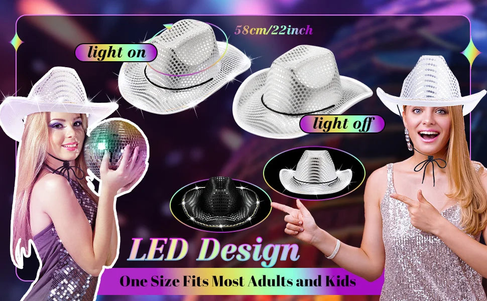 LED Light-Up Cowboy Hats – Glitter Party Pack