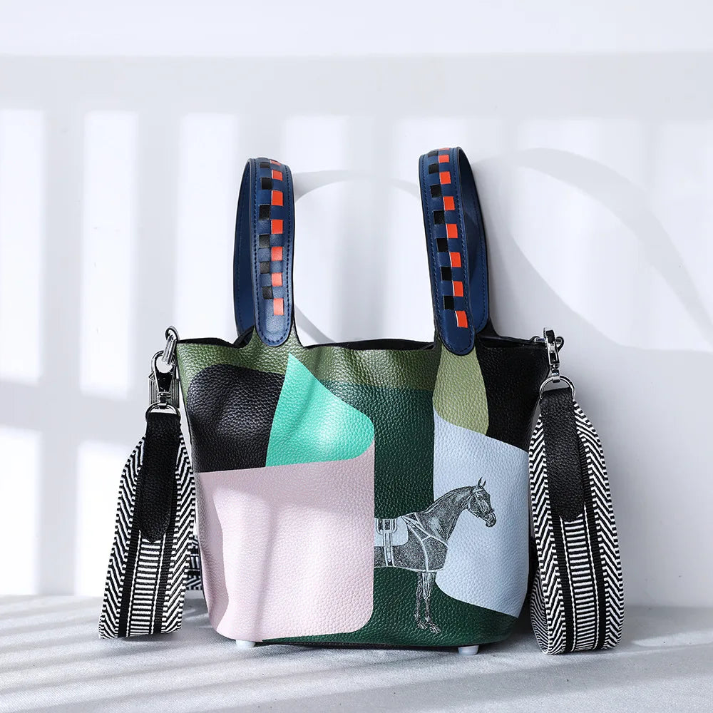 Purses and Handbags Bags for Women Painting Vegetable Basket Handbag Adjustable Shoulder Strap Genuine Leather Bucket Bag