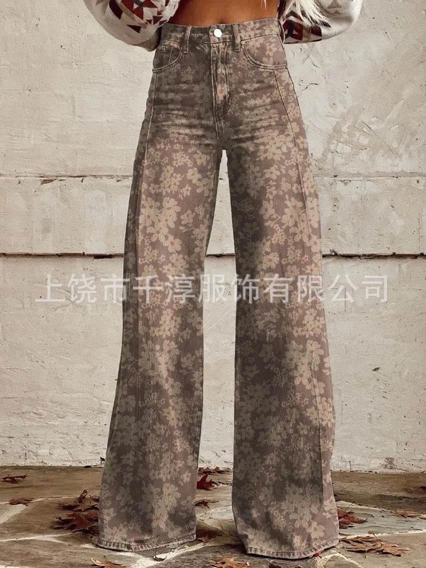 Women's 3D Print Wide-Leg "Jeans" – Trendy Low-Waist Flare Pants