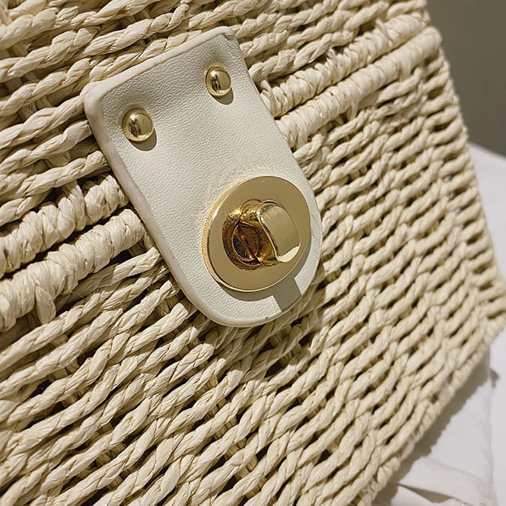 Rattan Straw Shoulder Bag Women Boho Hand-Woven Basket Messenger Pouch Summer Beach Square Box Top-handle Handbag