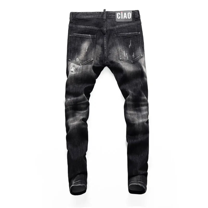 Men's Slim-Fit Distressed Black Grey Denim Jeans