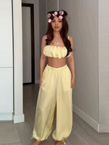Women's Trousers 2 Pcs Suits Pleated Spaghetti Strap Cropped Tube Tops Elastic Waist Lace Up Pants Charming Ladies Partywear New