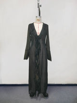 Womens V-Neck Ruffled Chiffon Beach Tunic - Long Sleeve Sunscreen Cover-Up Dress