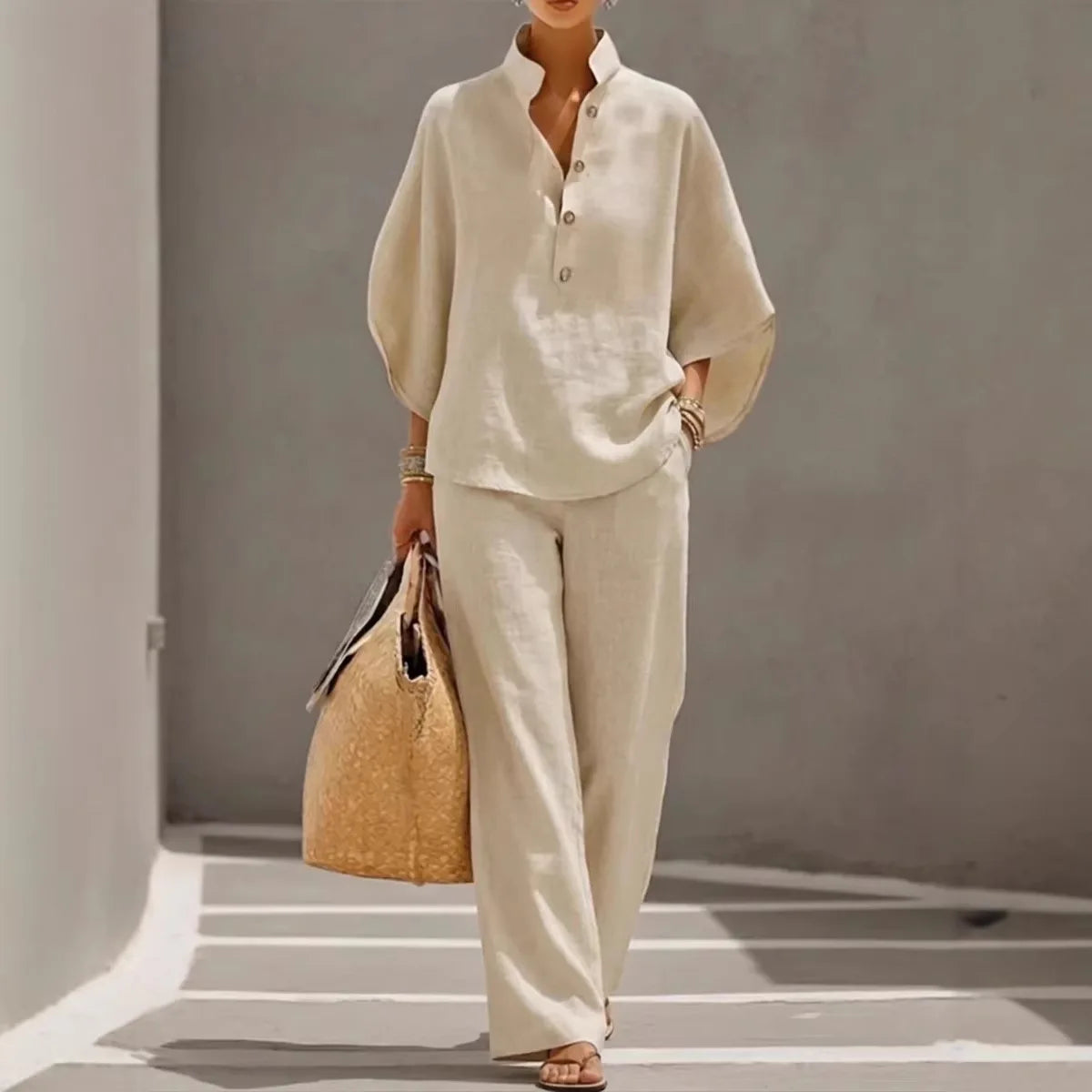 Fashion Cotton Linen  Pant Set  Women's Casual Stand Collar Button Top Wide Leg Trousers 2-piece Set Retro Female Office Suit