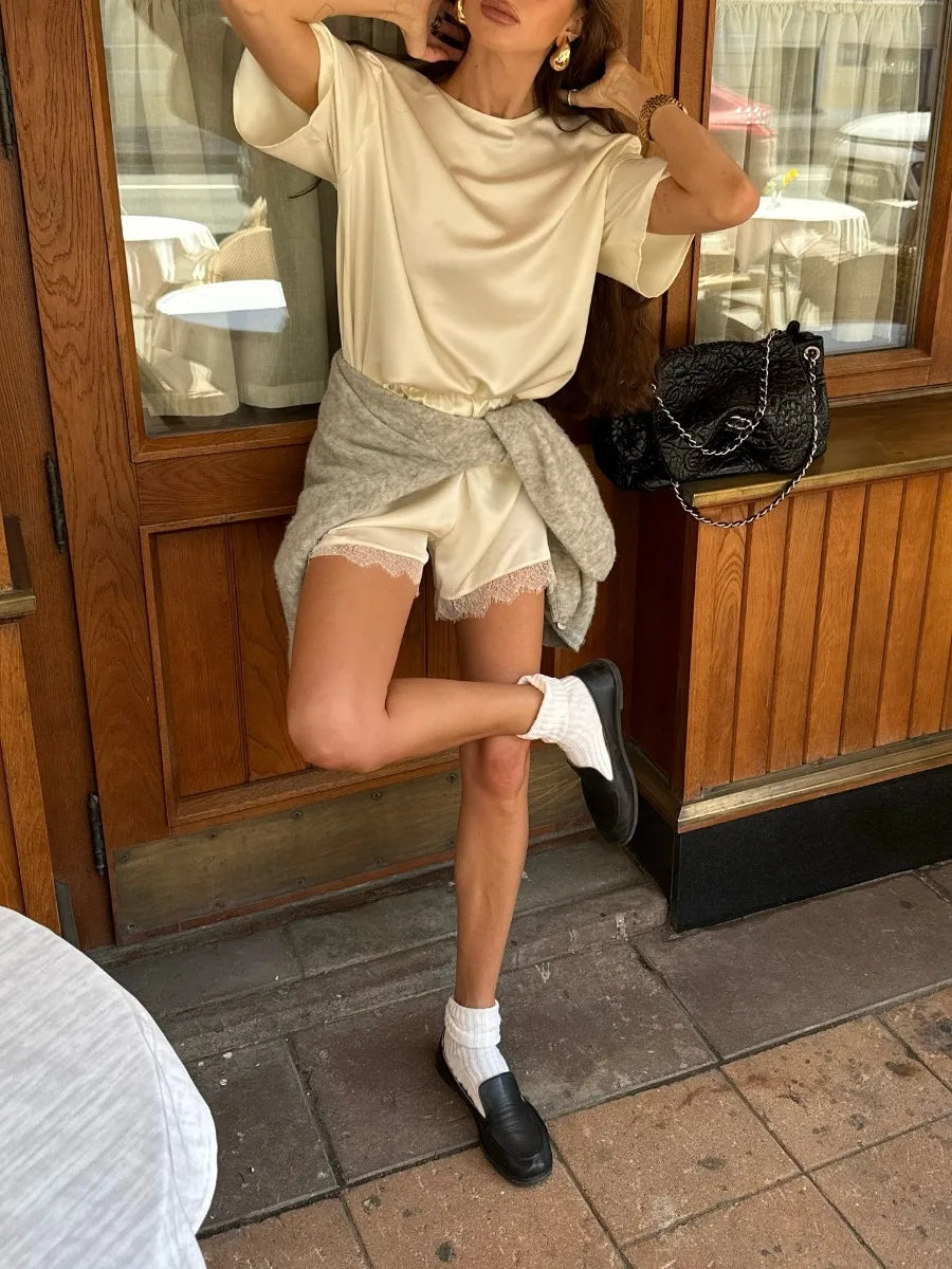Hirsionsan Loose Sets Women Two Pieces Short Tops & Lace Patchwork Shorts Elegant Female High Quality Outfits Soft Tracksuit