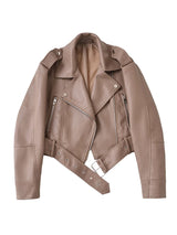 Ailegogo Spring Autumn Women Faux Pu Leather Short Jacket with Belt Motorcycle Biker Female Zipper Lapel Loose Coat Outwear