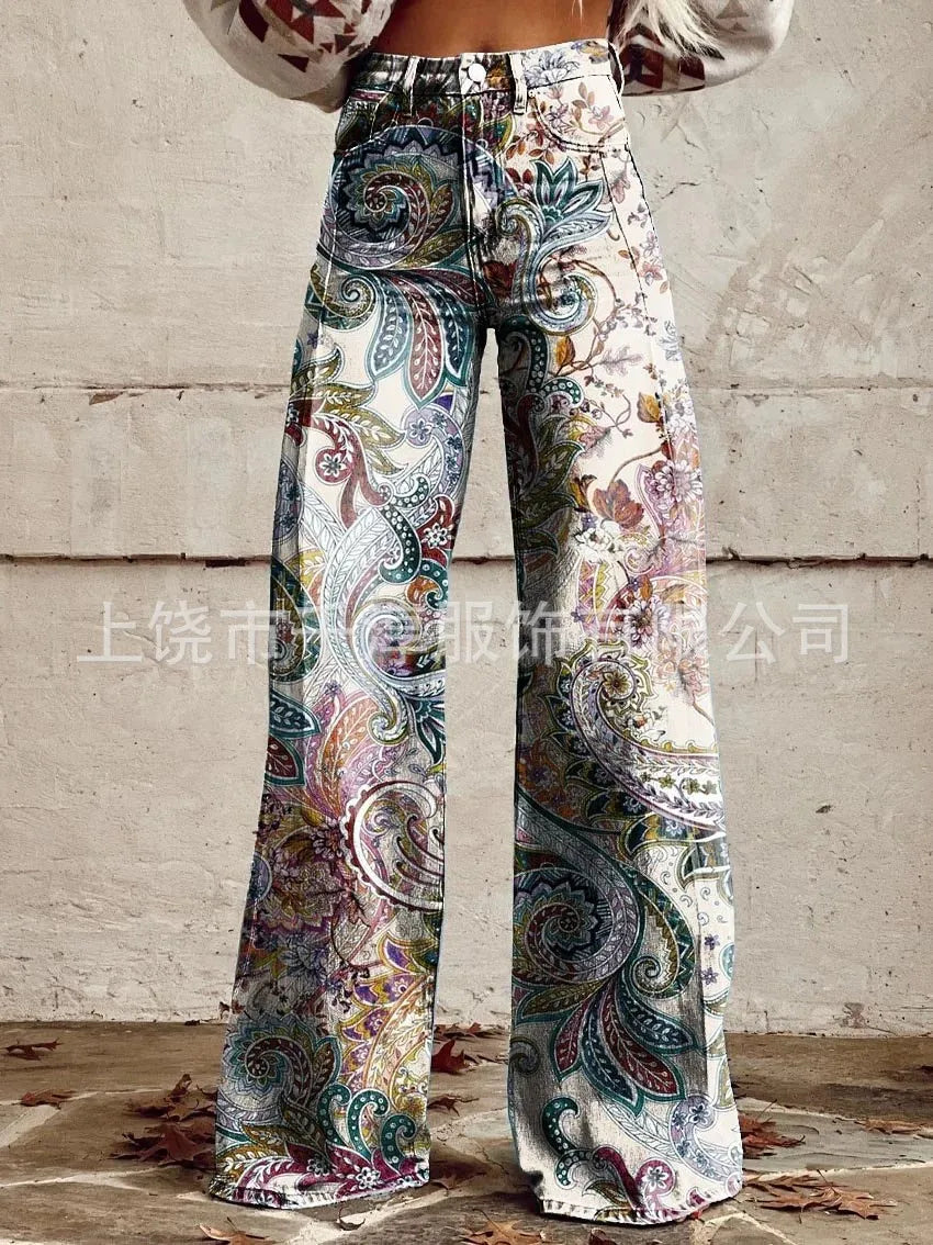 Women's 3D Print Wide-Leg "Jeans" – Trendy Low-Waist Flare Pants