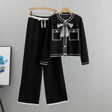 Autumn Women’s Elegant 2-Piece Pleated Set – Knit Bowknot Top & Wide Leg Pants