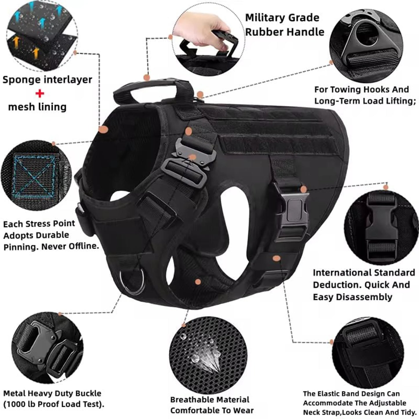 Tactical Dog Harness Set – Collar, Leash & MOLLE Pouches