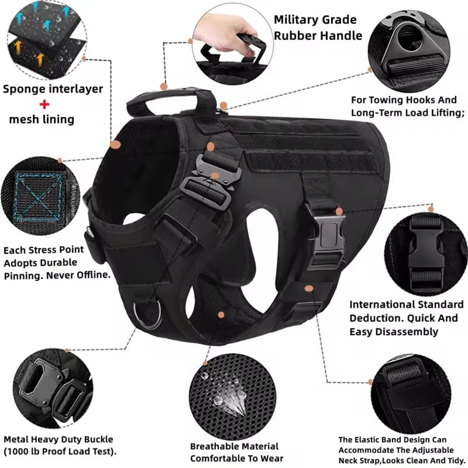 Tactical Dog Harness Set – Collar, Leash & MOLLE Pouches