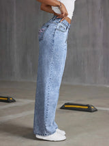 Women's Bow Embroidered Wide Leg Denim Trousers