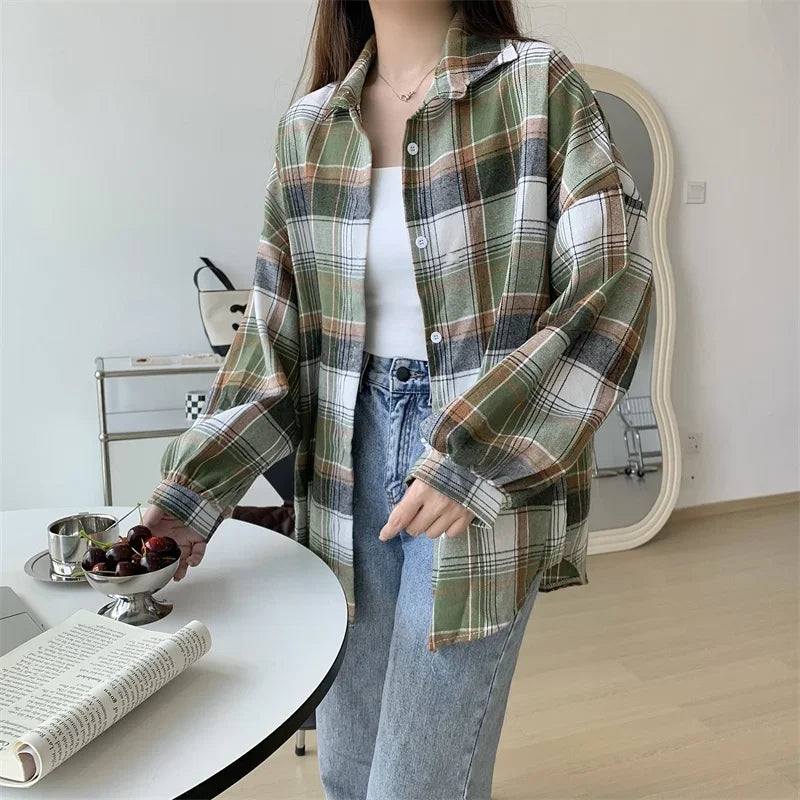 Vintage Plaid Long-Sleeve Blouse