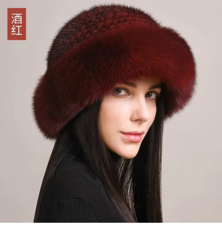 Genuine Knitted Mink Fur Hat with Fox Fur Brim