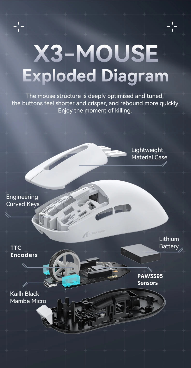 Attack Shark X3 PixArt PAW3395 Bluetooth Mouse,26000dpi,Wireless Tri-Mode Connection,Lightweight Macro Gaming Mouse