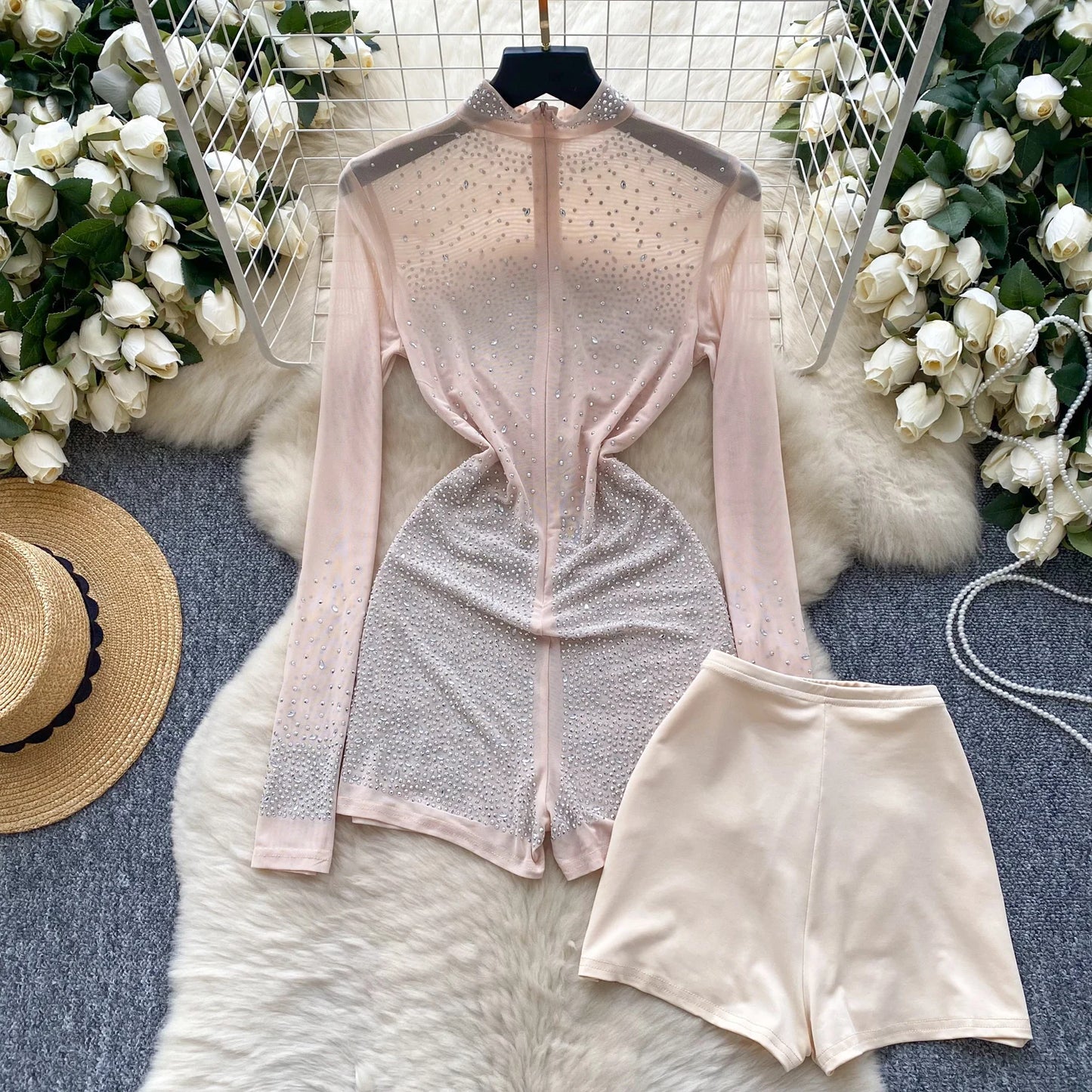 Sparkle & Shine: Women's Rhinestone Mesh Romper