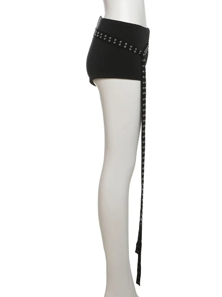 Nibber Sexy Hollow 3-Piece Set Women Hollow Biased Collar Backless Vests+Rivet Waistband+Simple Solid Shorts Slim Midnight Suits