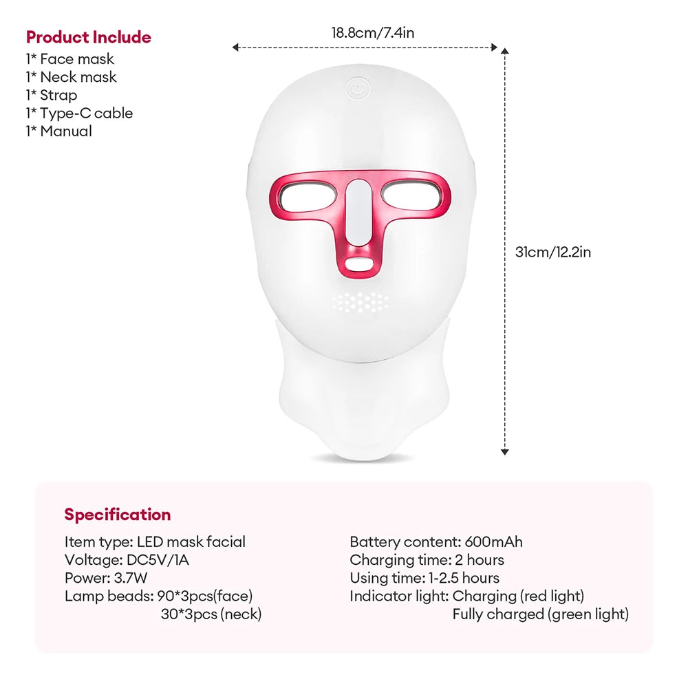 Wireless 7 Colors LED Face Neck Mask Rechargeable Photon Therapy Mask Red Light Skin Tightening Lifting Facial Beauty Device Home SPA Facial Care Machine