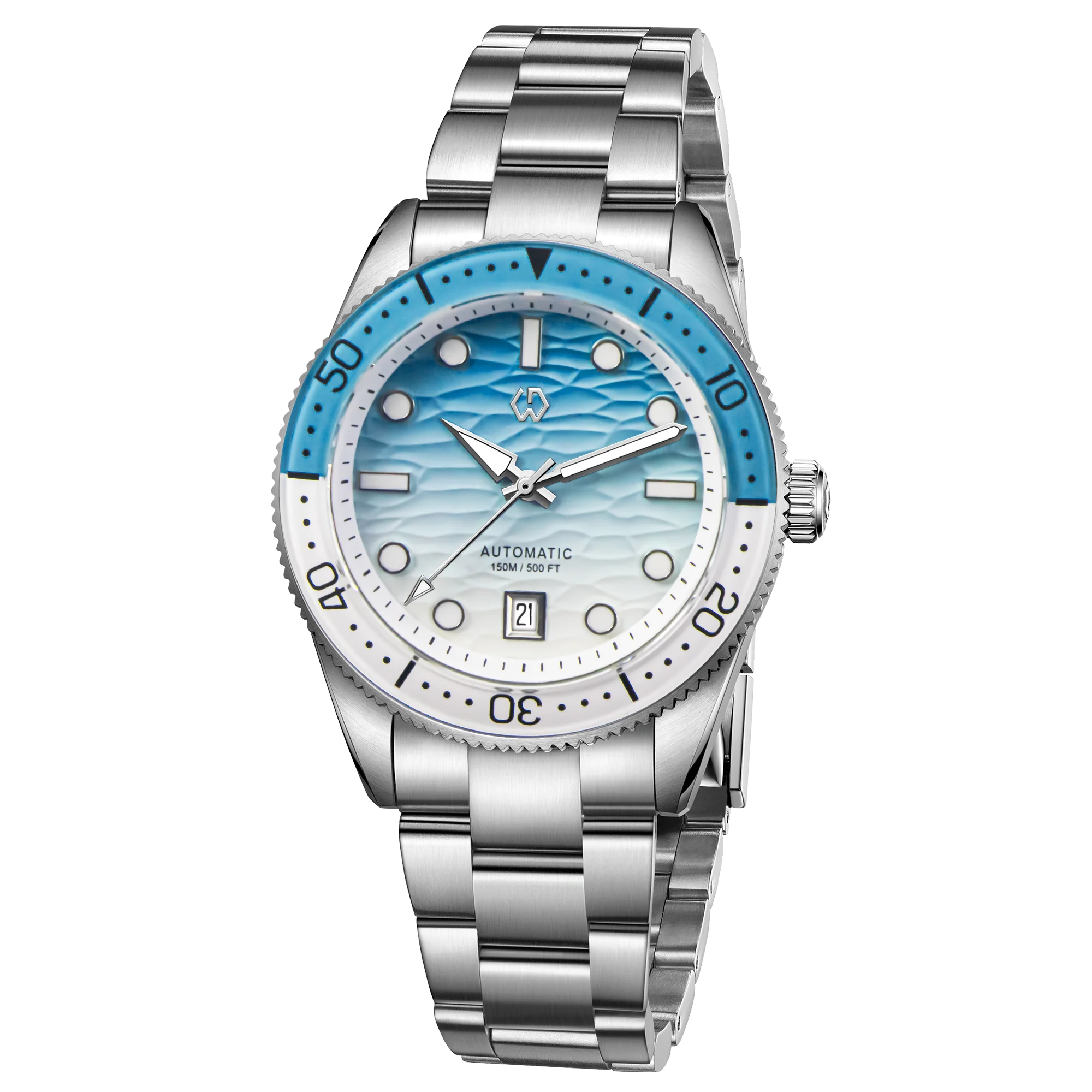 WISHDOIT Men's Automatic Dive Watch With Ocean Blue And White Ripple Dial 8215 Movement Sapphire Glass Mirror