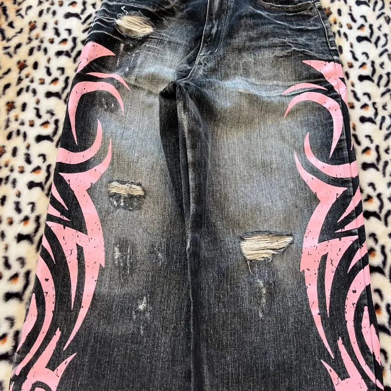 Y2K Dark Wash Wide Leg Jeans with Pink Flame Embroidery