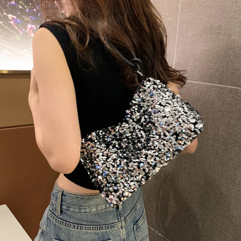 Daily Trendy V-neck Sequins Mini Underarm Bag Soft Lining, Simple Party Handbag for Women Street Matching Night Events