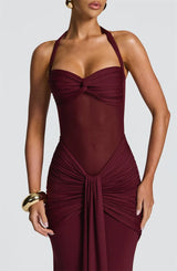 Women’s Halter Backless Maxi Dress – Off-Shoulder Ruched Bodycon Club Party Gown