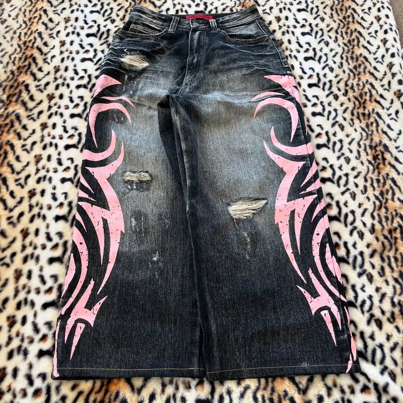 Y2K Dark Wash Wide Leg Jeans with Pink Flame Embroidery
