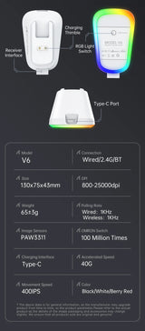 ATTACK SHARK V6  Wireless Gaming Superlight Mouse with RGB Magnetic Charging Dock,PAW3311 Sensor,Macro Gaming Mouse