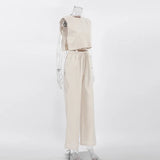 Spring Summer 2025 Women Holiday Linen Pant Set Crop Tops Solid Outfits 2 Two Piece Matching Set For Women