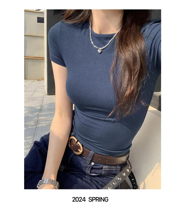 Y2K Vintage Slim Fit Crop Top - Solid Crewneck Short Sleeve Tee
