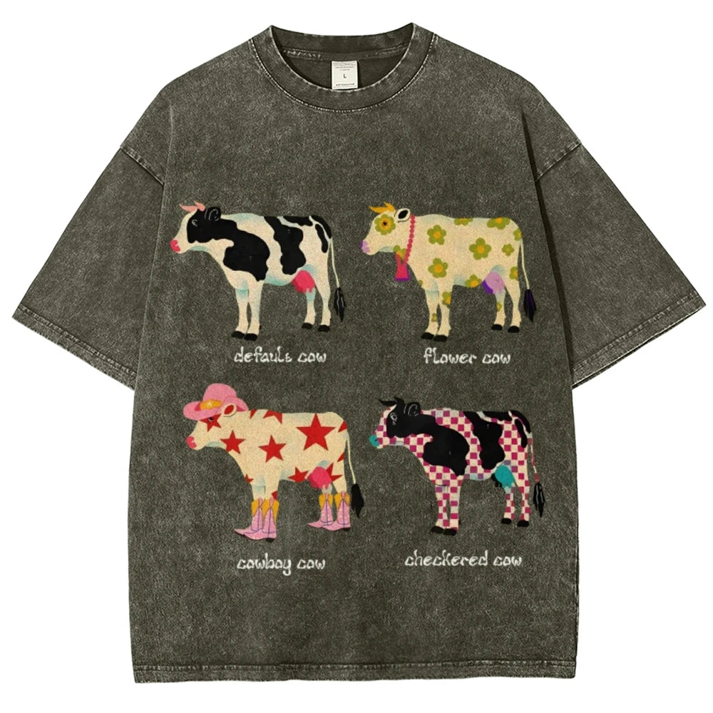 Cute Cartoon Cow Print T-Shirt Pure Cotton Washed Shoulder Round Neck Neutral Style Fashion Trend New High Quality Short Sleeves