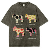 Cute Cartoon Cow Print T-Shirt Pure Cotton Washed Shoulder Round Neck Neutral Style Fashion Trend New High Quality Short Sleeves