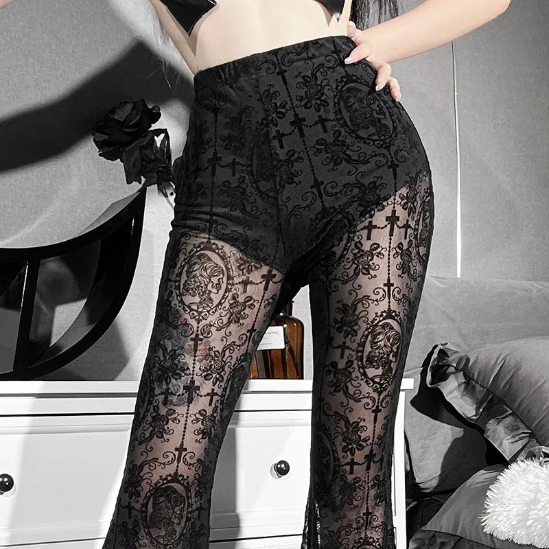 Women's High-Waist Mesh Lace Flare Pants