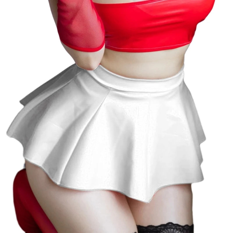 Pleated PU Faux Leather Mini Skirt A-Line for Women