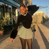 FAGADOER Winter New Sexy Fur Patchwork 2 Pieces Set for Woman Outfits Long Sleeves Bodycon Playsuits + Shorts Female Streetwear