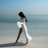 Womens V-Neck Ruffled Chiffon Beach Tunic - Long Sleeve Sunscreen Cover-Up Dress