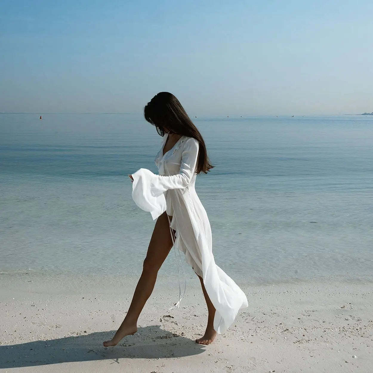 Womens V-Neck Ruffled Chiffon Beach Tunic - Long Sleeve Sunscreen Cover-Up Dress