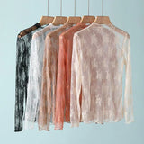Women’s Floral Lace Mesh Mock Neck Long Sleeve Top