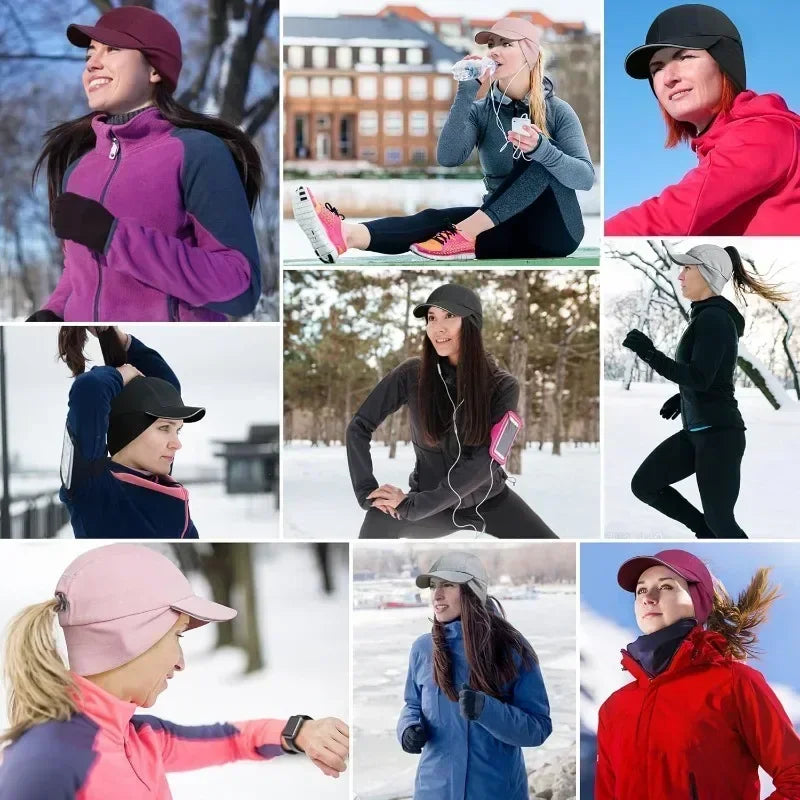 Women's Fleece Ponytail Hat with Ear Warmers & Reflective Cap
