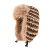 Winter Striped Knit Faux Fur Trapper Hat Women Thermal Fluffy Ushanka Earflap Cap Vintage Skiing Bomber Trooper Bonnet Pattern