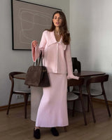 Hirsionsan Sexy Soft Elegant Vintage Women Suits 2 Pieces Female Sets Polo Neck Cardigan Sweater & Midi Dress Knitted TrackSuit