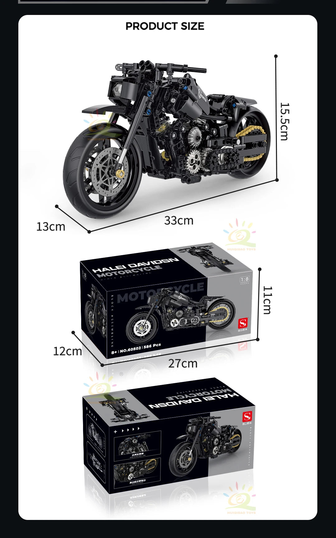 HUIQIBAO 1:8 Classic Motorbike Building Blocks High-tech Model Moto City Racer Bricks Toy for Kid Boy Children Adult MOC Car Set