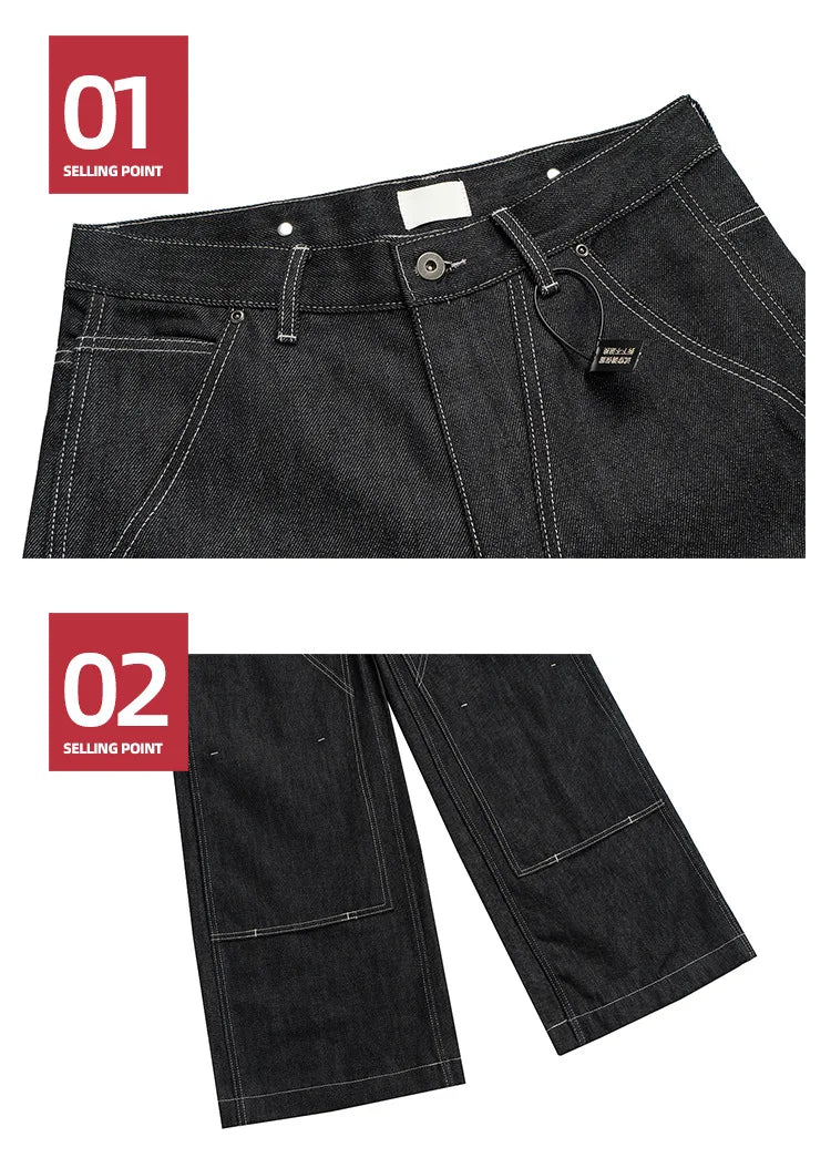 MIJKO Black Original Cow Jeans Wood Trousers Bright Line Design Comfortable Fit Workwear Casual Pants ZJ118