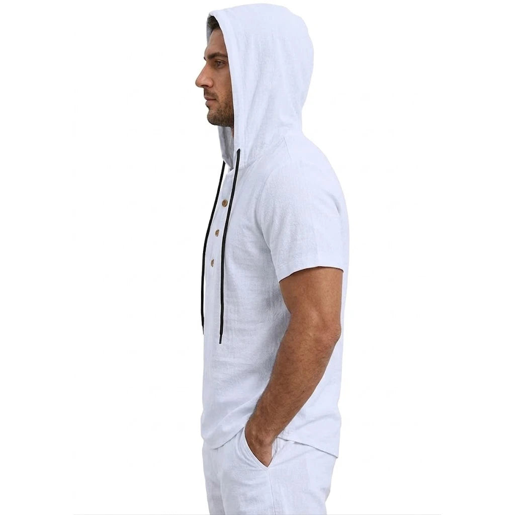 Men's Linen Cotton Hooded Shirt — Lightweight Short Sleeve Button Top