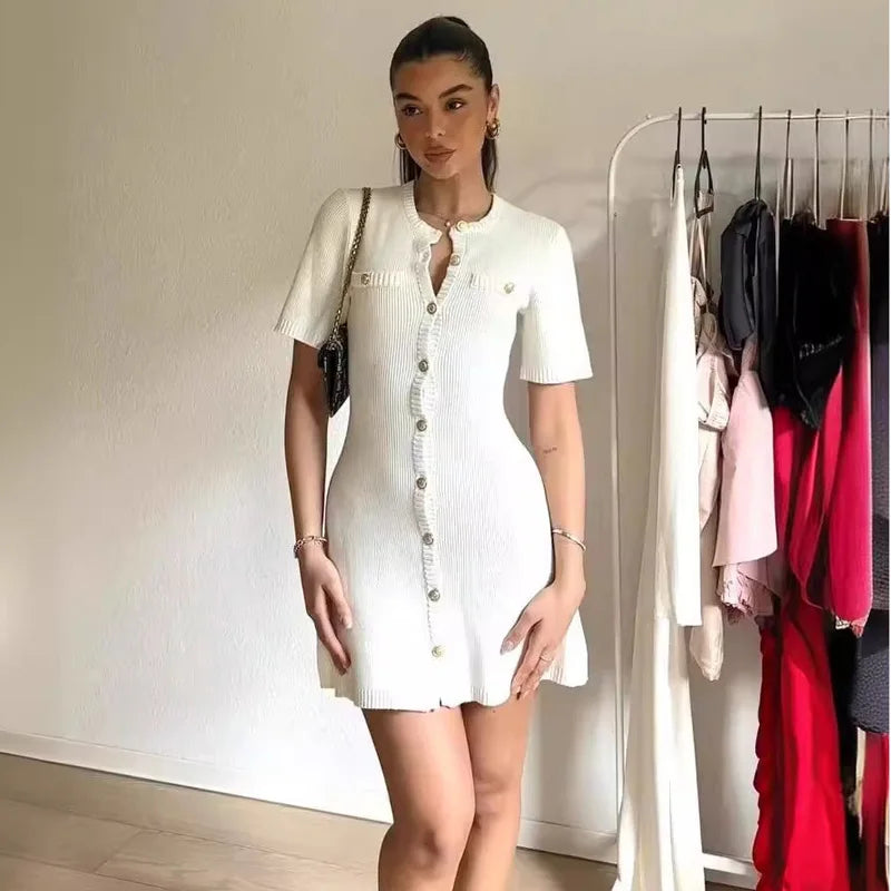 Elegant Metal Button Ribbed Mini Dress