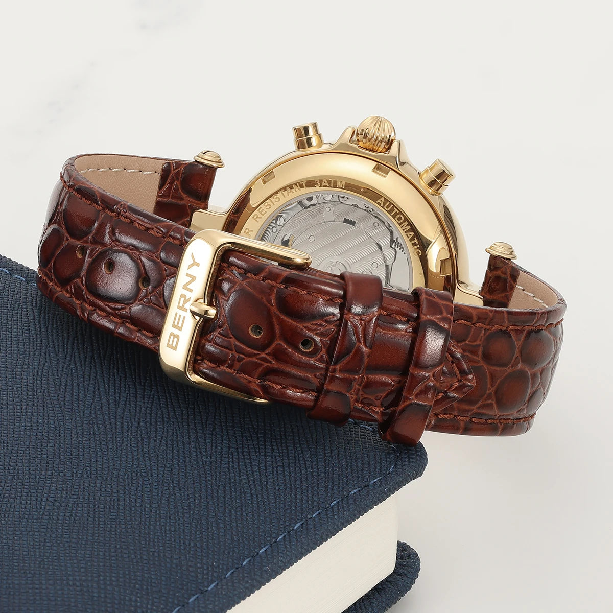 BERNY Retro Automatic Men's Watch Sun&Moon Phase Luminous ST1652 Classic Genuine Leather Luxury Mechanical Men's Dress Watches