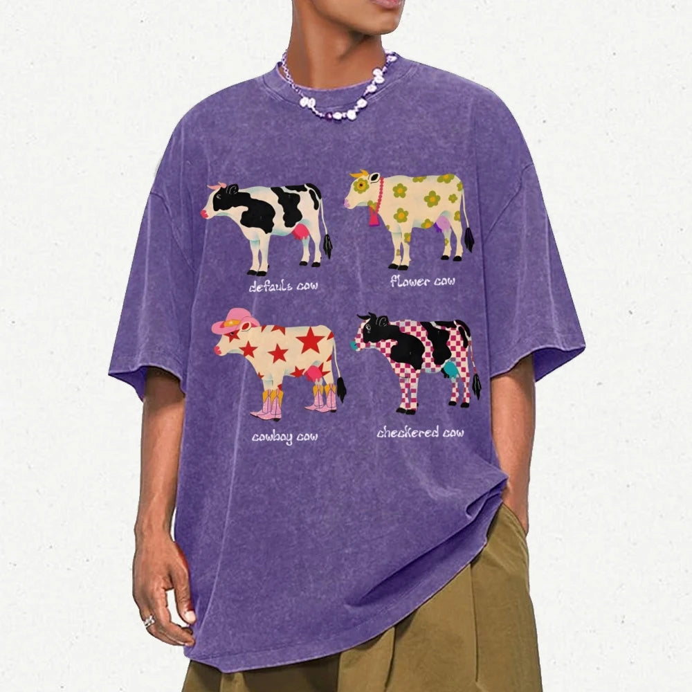 Cute Cartoon Cow Print T-Shirt Pure Cotton Washed Shoulder Round Neck Neutral Style Fashion Trend New High Quality Short Sleeves