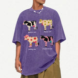 Cute Cartoon Cow Print T-Shirt Pure Cotton Washed Shoulder Round Neck Neutral Style Fashion Trend New High Quality Short Sleeves