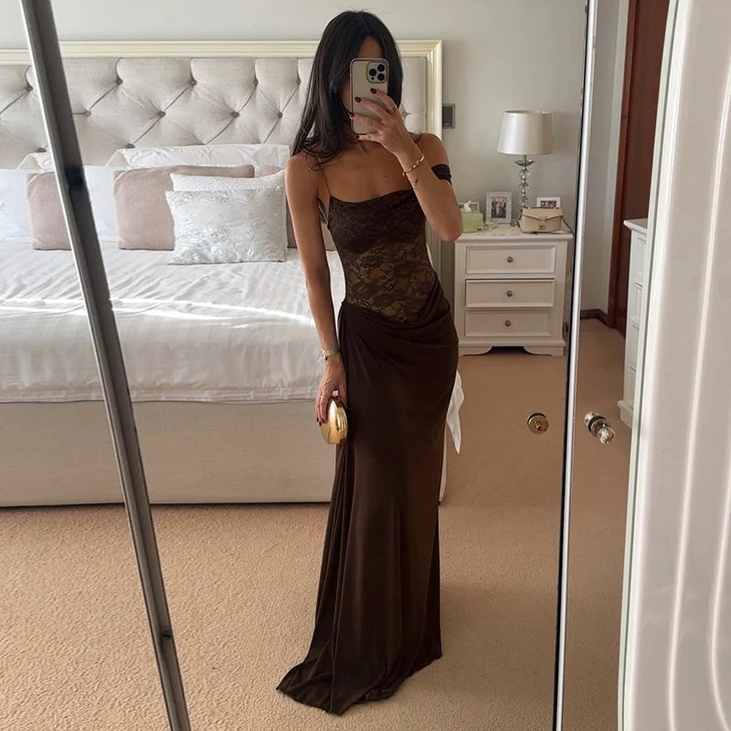 One-Shoulder Lace Gown – Sleeveless Backless Maxi Club Dress